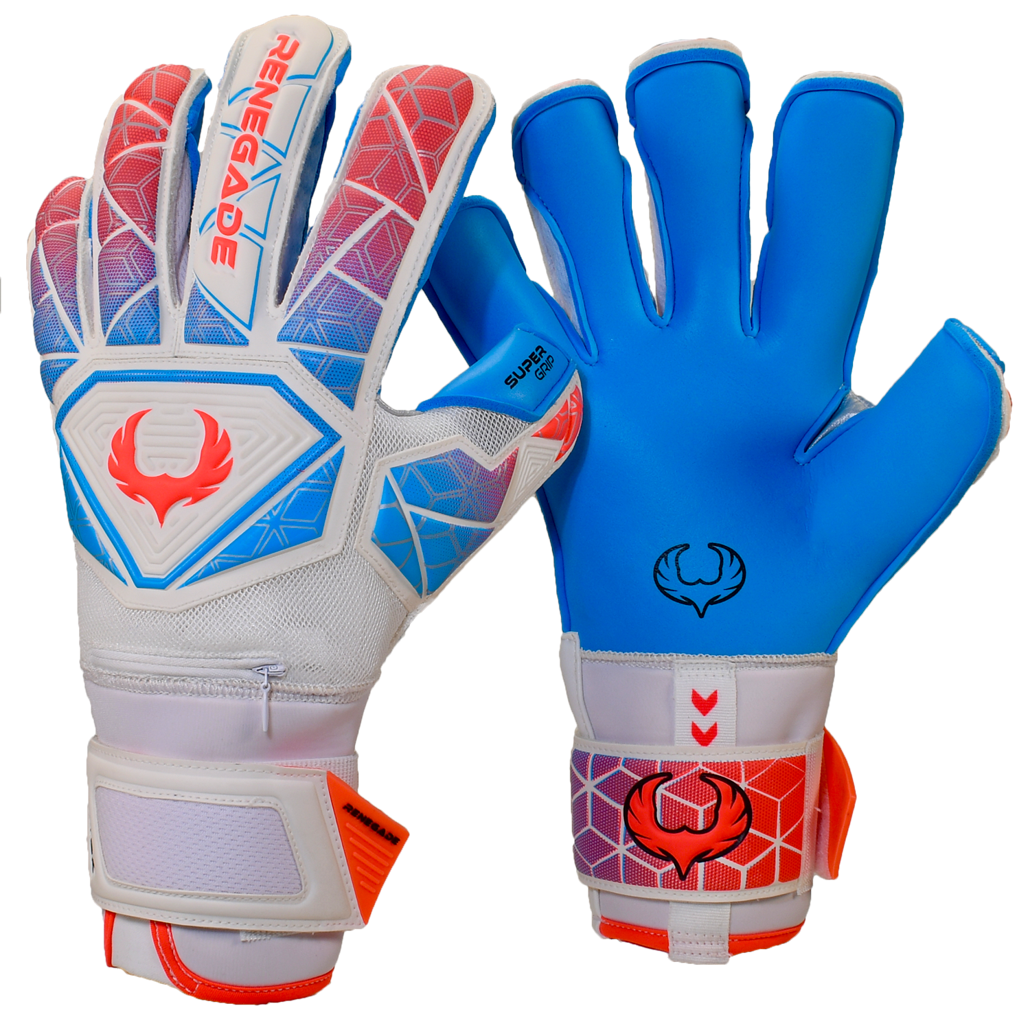 Renegade GK Vortex Nitro Goalie Gloves 3.5+3mm Hyper Grip & 4mm Duratek White, Blue & Pink Soccer Goalkeeper Gloves