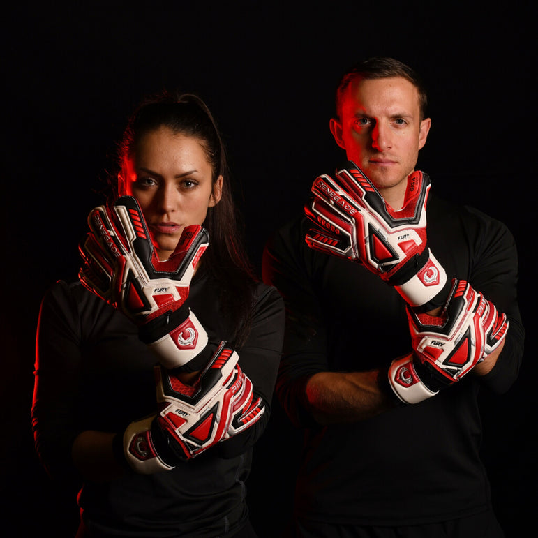 male and female goalkeeper wearing fury inferno keeper gloves