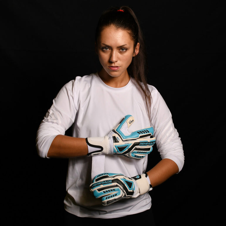 female goalkeeper wearing fury sub z goalie gloves