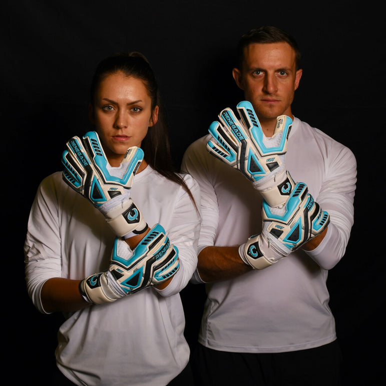 male and female goalkeeper wearing fury sub z keeper gloves