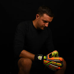 male goalkeeper wearing fury volt gk gloves