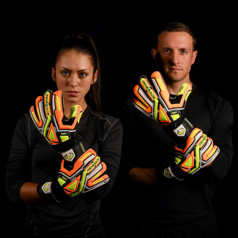 male and female goalkeeper wearing fury volt keeper gloves