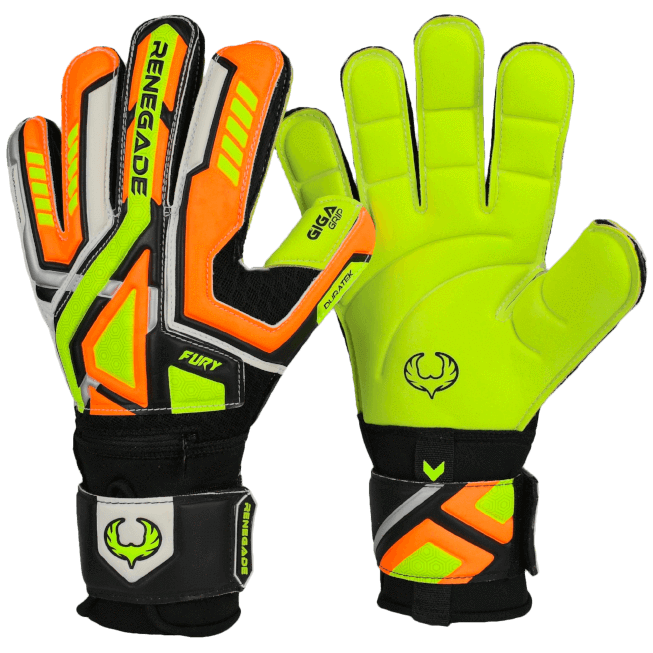 Renegade GK Fury Volt Goalie Gloves with Pro Tek Finger Protection 4mm Giga Grip 4mm DuraTek Neon Yellow Orange Black Socc